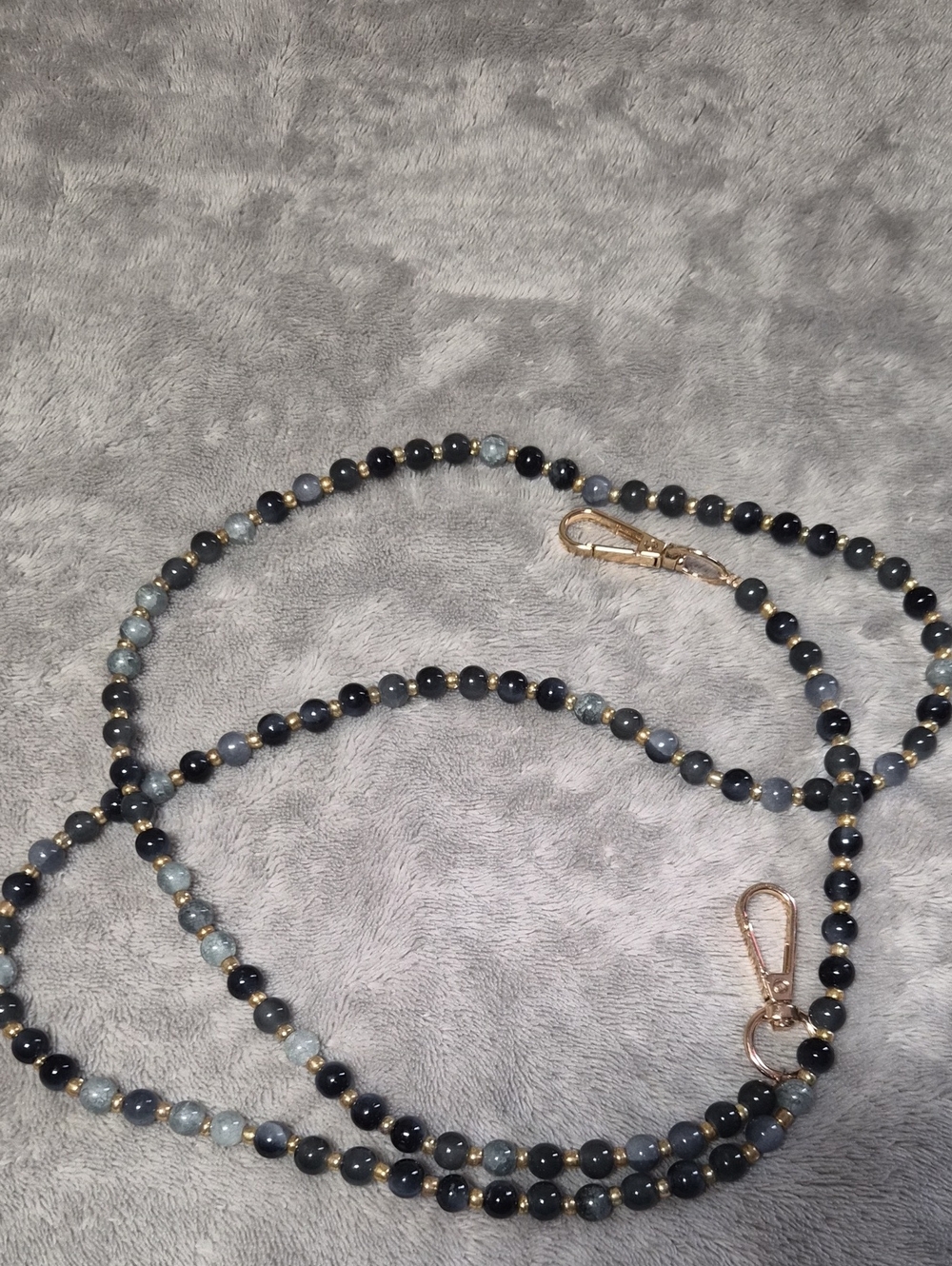 Beaded Multi-Tone Blue and Black Lanyard with Gold Accents